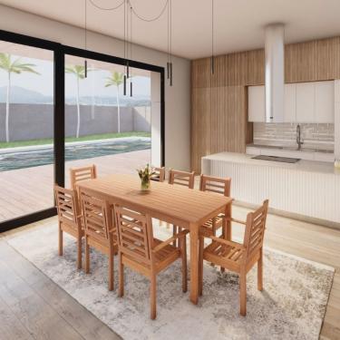 Imagem de Conjunto Mesa com 8 Cadeiras Empilháveis Madeira Maciça Cedro Rosa
