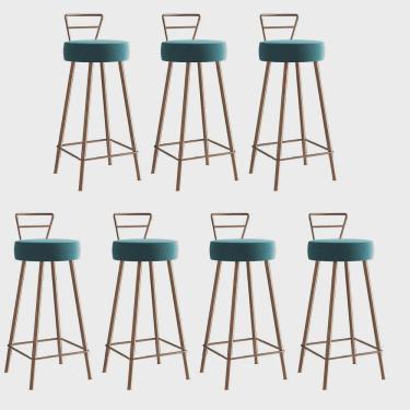 Imagem de Kit 07 Banqueta Alta Com Encosto Tina Eiffel Cozinha Bar Bistrô Ferro Bronze Suede Azul Turquesa - Ahz Móveis