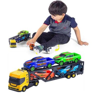 Imagem de Caminhão Cegonha Grande C/ 4 Carrinhos Caminhonete Brinquedo - BS TOYS