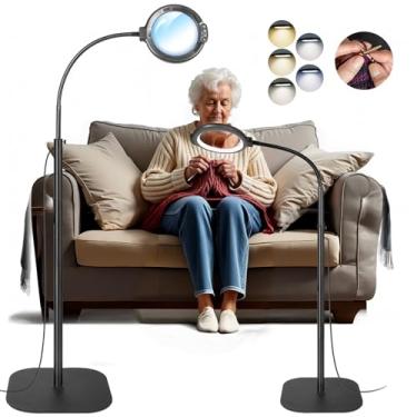 Imagem de GABORISH Lupa Grande 12X Com Luz E Suporte De Chão, Luminária De Chão Flexível Com Pescoço De Ganso, Lupa Iluminada De 5,2" Mãos Livres Com 5 Modos De Cor, 10 Brilhos Ajustáveis, Grampo Para Trabalh