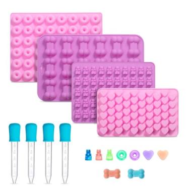 Imagem de Moldes de doces de goma, 4 peças de moldes de silicone para chocolate com 4 conta-gotas, moldes de doces antiaderentes para caramelos, ganache, cubos de gelo, formato de coração de rosquinha de urso