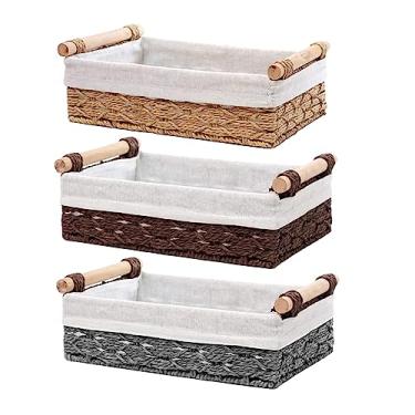 Imagem de Cestas de armazenamento pequenas de vime, 2 peças, cestas decorativas para prateleiras, cesta organizadora pequena para despensa, sala de estar, escritório, quarto, cinza