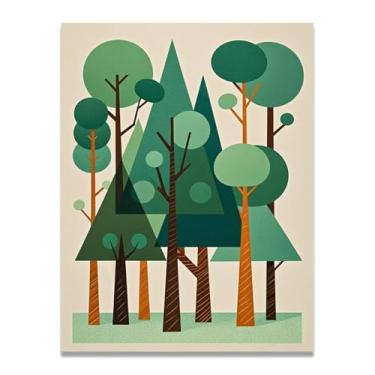 Imagem de Arte de impressão em tela de floresta geométrica moderna para sala de estar - Árvores triangulares e dosséis redondos 70 x 91 cm