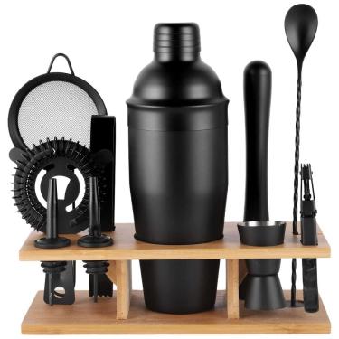 Imagem de Kit Bartender Profissional 11 Peças em Aço Inoxidável com Suporte de Bambu, JNWINOG, Preto Fosco