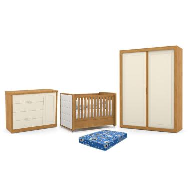 Imagem de Dormitório Tutto New 2 Portas, Cômoda 1 Porta e Berço com Capitonê e Colchão Physical - Matic Móveis Freijó/Off White