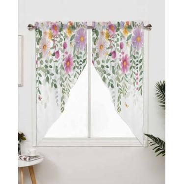 Imagem de Cortinas florais para janela, flores de margarida rosa de verão, folha de videira, bolso para varão, par de cortinas de cozinha, arejadas, macias, respiráveis, sanefas para banheiro, decoração de café