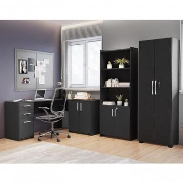 Imagem de Conjunto Home Office 3 Peças 1 Mesa Em L 2 Gavetas 3 Portas 2 Armários Espresso Móveis Preto Tx