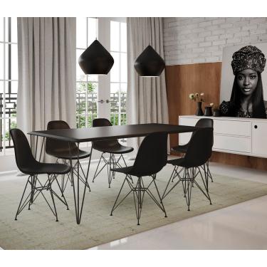 Imagem de Mesa Sala De Jantar Industrial Preta 135X75 Com 6 Cadeiras Pretas De Ferro Preto Cor: Preto