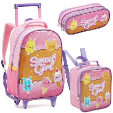 Imagem de Kit Mochila Rodinha Lancheira Estojo Duplo Menina Escolar Infantil Sweet Girl Sorvete Rosa Seanite