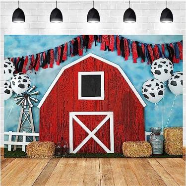 Imagem de Fundo de fotografia de celeiro vermelho infantil decoração de festa de aniversário fazenda, palheiro, tema caubói ocidental, foto de fundo com balões de fundo para chá de bebê recém-nascido, faixa de