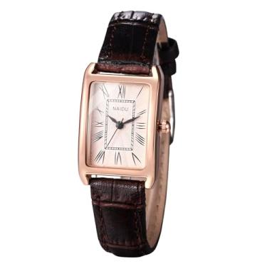 Imagem de JewelryWe Relógio feminino com pulseira de couro: Relógio de pulso clássico analógico quadrado analógico elegante casual para negócios, dourado-marrom, relógio de couro quadrado