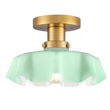 Imagem de DSMJFU Luminária De Teto Semi-Embutida, Vidro Verde, Iluminação Vintage Com Formato Flor, Interna Próxima, Latão Moderno Para Corredor, Cozinha E Quarto