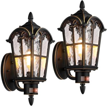 Imagem de BesLowe Pacote Com 2 Luzes De Parede Externas Sensor Movimento, Suporte Para Varanda Do Anoitecer Ao Amanhecer, Luminárias À Prova D'Água, Arandelas, Lanternas Douradas Porta Entrada Garagem