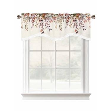 Imagem de Cortina para janela outono pastoral folhas de outono sanefas para janelas de cozinha, sanefa recortada com borla, baga botânica retrô linho cortinas curtas haste bolso sanefa para quarto 137 x 45 cm