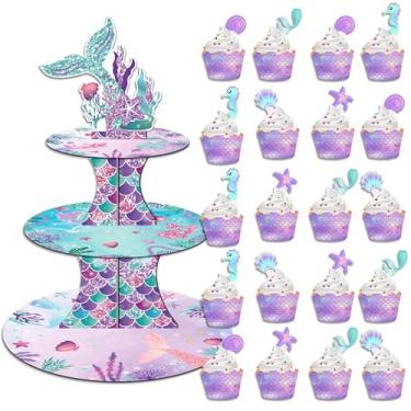 Imagem de Parrtty Hurrican Suporte Para Cupcakes De Sereia 3 Andares, Decoração Festa, Temático Com 20 Embalagens E Enfeites, Artigos Exposição Aniversário