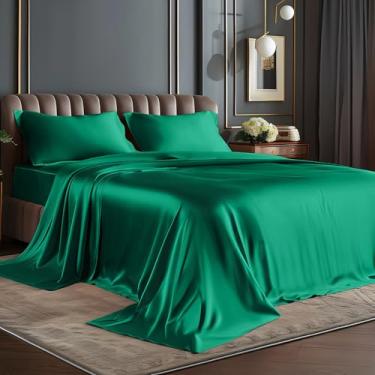 Imagem de BEDELITE Jogo de cama queen size de cetim, macio e luxuoso, verde escuro para cabelo e pele, semelhante ao conjunto de lençóis de seda, 4 peças com 1 lençol com elástico alto, 1 lençol de cima e 2