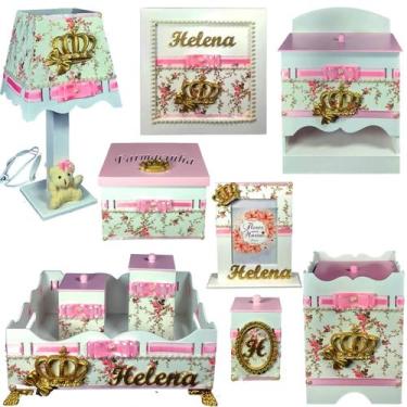 Imagem de Kit Higiene bebê Mdf 10 peças Luxo Passa fita - Branco Flores Luxo tam