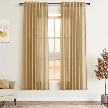 Imagem de Cortinas de linho amarelo dourado para sala de estar 153 cm de comprimento, conjunto de 2 painéis, cortinas de linho com filtro de luz, para cozinha, janelas, bolso para varão, aba traseira, curta