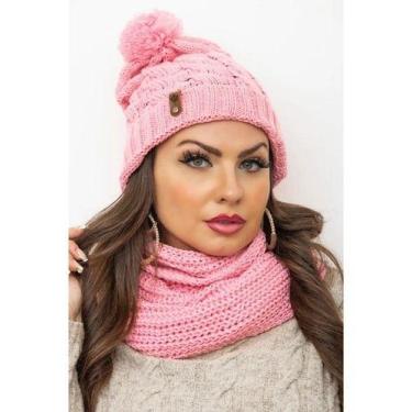 Imagem de Conjunto Kit Touca Pompom E Cachecol Liso Gola Infinita De Lã Tricot E
