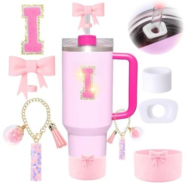 Imagem de 6 peças de acessórios rosa para copo Stanley, decorações para copo de 30/1,134 g com alça, inclui tampa e bota de cobertura de palha de laço, pingente de iniciais, adesivo de letra, tampa à prova de