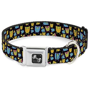 Imagem de Buckle-Down Coleira para cachorro com fivela de cinto de segurança - corujas com contorno preto/multi neon - 3,8 cm de largura - serve para pescoço de 45,7 a 81,2 cm - grande