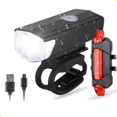 Imagem de Kit Lanterna e Farol para Bicicleta Conjunto de Iluminação LED Resistente à Água com 3 Modos de Iluminar Recarregável Premium (Cabos USB Incluso)