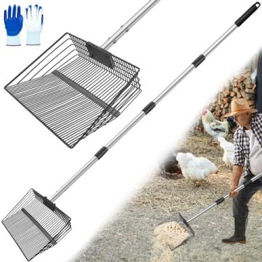 Imagem de Colher de cocô de galinha grande de 38 cm para cocô com luva 4 em 1 multifunc metal resistente 63 a 188 cm de cabo longo para galinheiro pá de peneiramento de areia para ferramentas de limpeza de