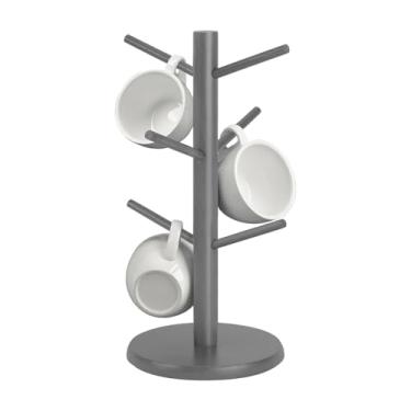 Imagem de COSY105C Suporte de caneca de madeira, suporte de xícara de café, organizador de canecas com 6 ganchos (cinza)