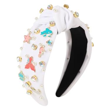Imagem de Gmmidea Faixa de cabelo com nó no oceano para mulheres, meninas, com contas, concha, estrela-do-mar, cauda de sereia, linda faixa de cabelo de animal sob o mar, decorações de festa de aniversário