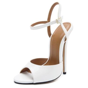 Imagem de HAOZHAOTOU Sandálias unissex masculinas femininas com tiras de salto alto de couro envernizado stiletto sapatos de festa, Branco, 9 Women/7 Men
