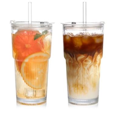 Imagem de AUFXKOO Copos de vidro de 590 ml com tampas e canudos, 2 peças de copos de vidro com tampas e canudos, xícaras de café gelado com tampa, copos para suco, smoothies