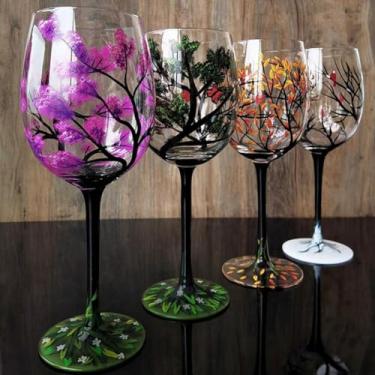Imagem de GKWW 4 peças de taças de vinho pintadas à mão, quatro estações, árvore, folhas de outono, flores, estações, taças de vinho coloridas para coquetéis de vinho, presente novidade para aniversários
