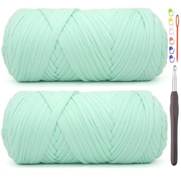 Imagem de Pacote com 2 fios de camiseta para crochê, camiseta verde, tecido elástico grosso, fio de crochê para iniciantes, bolsa de tricô à mão, cesta/porta-copos / artesanato faça você mesmo/decoração de casa