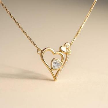 Imagem de Colar Veneziana com Pingente Coração Zircônia Cristal Banhado a Ouro 1