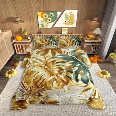 Imagem de Castle Fairy Jogo de cama queen com folhas de palmeira tropical, plantas da selva luxuosas, para decoração de quarto de adolescentes, plantas e flores modernas, conjunto de edredom verde dourado,