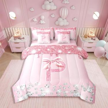 Imagem de Erosebridal Conjunto de edredom com laço rosa com lençóis, conjunto de cama solteiro com inicial P personalizado, para meninos, meninas, arco de princesa, diamante, 7 peças, conjunto de cama em uma