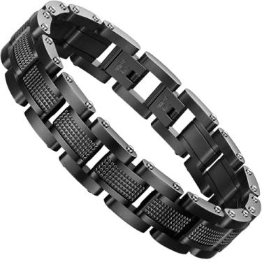 Imagem de Zillaly Pulseira masculina de aço inoxidável, pulseira preta, elos de diamante, prata, joia com partículas azuis, corrente masculina, caixas de presente, big, Aço inoxidável, Sem Pedra Preciosa