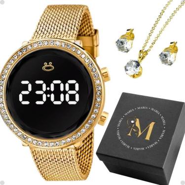 Imagem de Relogio Feminino Aço Digital + Brinco Colar Strass + Caixa Social Presente Silicone Dourado Banhado