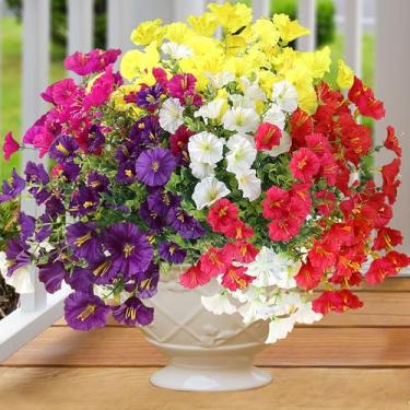 Imagem de Flores artificiais para atividades ao ar livre, 12 pacotes de plantas falsas realistas, resistentes a UV, glória matinal de seda falsa com eucalipto para plantador de porta da frente, pátio, varanda