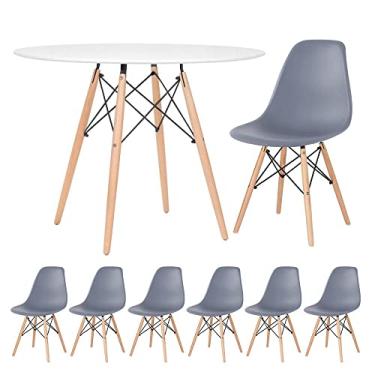 Imagem de Loft7, Kit - Mesa redonda Eames 100 cm branco + 6 cadeiras Eiffel Dsw Cinza escuro