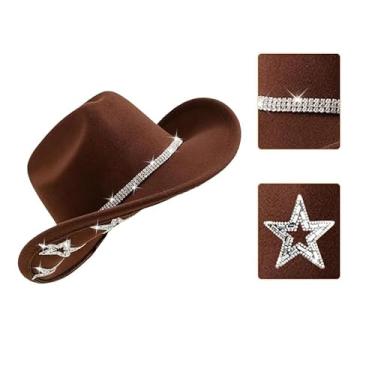 Imagem de Vuqofkc Chapéu de cowboy ocidental com strass e aba larga com fivela de cinto, festa à fantasia para adolescentes e adultos, marrom