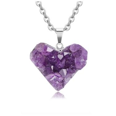 Imagem de Jovivi Colar de cristal de ametista natural para mulheres e homens, colar com pingente de pedra de quartzo bruto irregular, joia para cura espiritual de Reiki, beleza, amor e energia positiva, 0.79