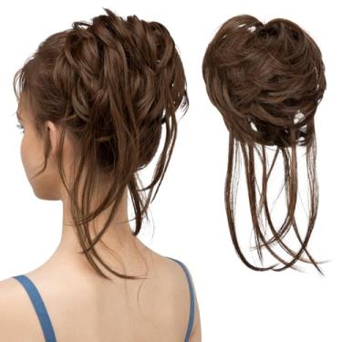 Imagem de CJL HAIR Extensões de coque bagunçado de cabelo cacheado com cauda reta cabelo sintético scrunchies apliques de rabo de cavalo para mulheres chocolate multi