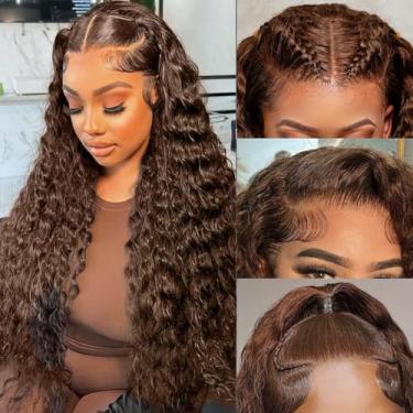 Imagem de Perucas de cabelo humano ondulado de 86 cm com renda frontal marrom chocolate para mulheres 180% de densidade, molhado e ondulado, cabelo humano frontal 33x4 HD, pré-arrancado com linha do cabelo do
