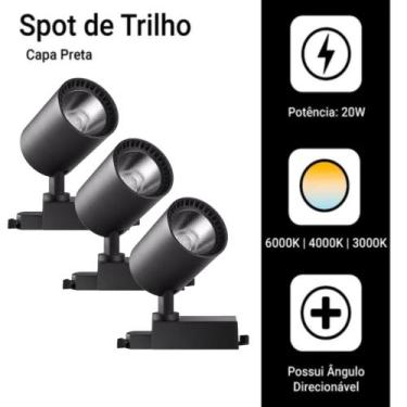 Imagem de Kit 3 Luminária Preto Trilho Spot Led 20W 3500K Branco Quente - AP, Bi