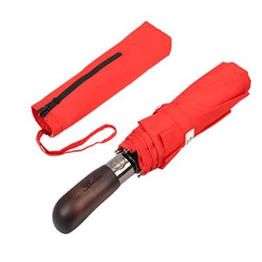 Imagem de Guarda-chuva de viagem Balios Prestige, alça de madeira real, abertura automática e fecho, ventilada à prova de vento com cobertura dupla, projetado no Reino Unido, Vibrant Red with Real Wood Handle