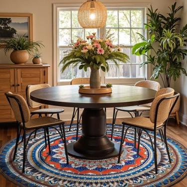 Imagem de jinchan Tapete redondo mandala 2,4 m azul rústico boho tapete lavável tribal 2,8 m redondo vintage pacífico tapete macio antiderrapante grande de perfil baixo para sala de jantar, sala de estar