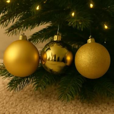Imagem de Bola Mista Fosca/Lisa/Glitter DOURADO com 6 unidades – Kit de bolas natalinas com diferentes acabamentos – adicione brilho e variedade à sua árvore