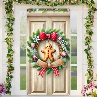 Imagem de BlissYard Capa de porta de Natal, guirlanda de biscoito de gengibre, 89 x 188 cm, faixa festiva para decoração de parede interna e externa, tecido de poliéster, decoração de casa para meninas ou