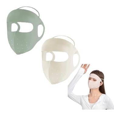 Imagem de WaJuemy 2 máscaras faciais respiráveis reutilizáveis para mulheres, proteção solar, seda gelada, FPS 50+, UV, caminhadas, corrida, pesca, golfe (05 bege/verde)